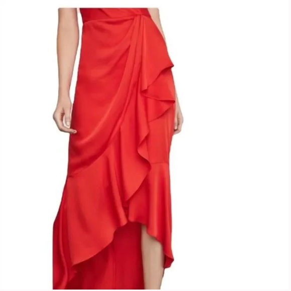 BCBGMAXAZRIA Sleeveless Faux Wrap Ruched Ruffle Asymmetrical High Low Maxi Dress - Picture 3 of 4